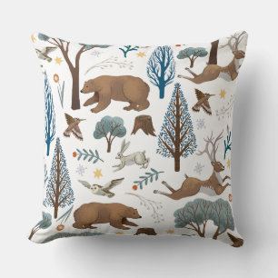 Cozy Forest Wildlife Illustration Throw Pillow