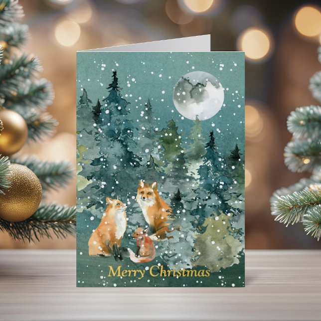 Cozy Fox Family Woodland Christmas Foil Greeting Card (Fox Family in Forest Full Moon Snowfall Watercolor Foil Greeting Card)
