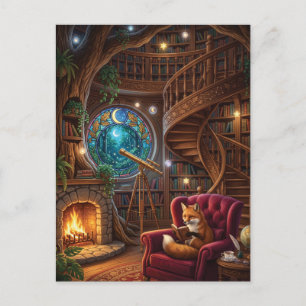 Cozy Fox Reading in Magical Treehouse Library Postcard