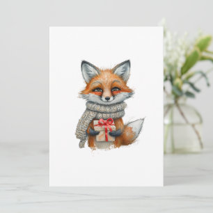 Cozy Fox with Scarf and Gift, Holiday Ilustration Card