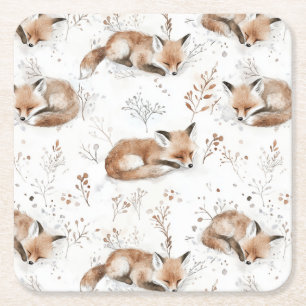 Cozy Foxes  Square Paper Coaster