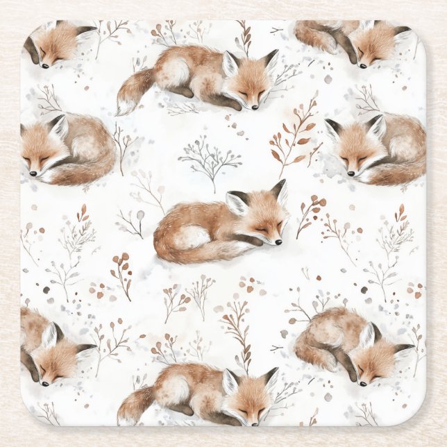 Cozy Foxes  Square Paper Coaster (Front)