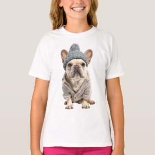 Cozy French Bulldog Wearing Winter Beanie Kids T-Shirt