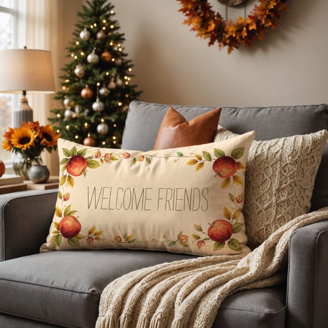 Cozy Friendsgiving Autumn Leaves Apples Warm Decor Lumbar Pillow (Cozy Friendsgiving pillow with autumn leaves, apples, and a customizable 'Welcome Friends' message.)