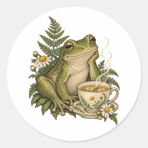 Cozy Frog with Chamomile Tea and Ferns Classic Round Sticker