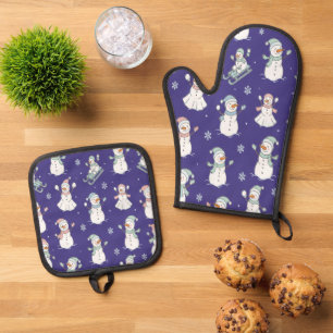 Cozy Frosted Snowman Winter Oven Mitt & Pot Holder Set