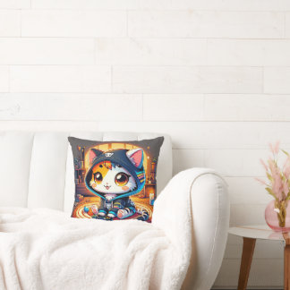 Cozy Gamer Cat in a Hoodie Throw Pillow
