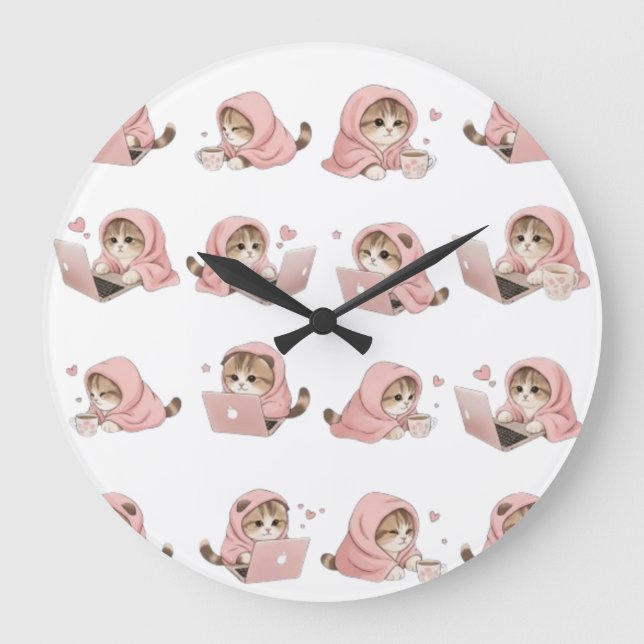 Cozy Gaming Cat Pattern - Aesthetic Pink Hoodie Ki Large Clock (Front)