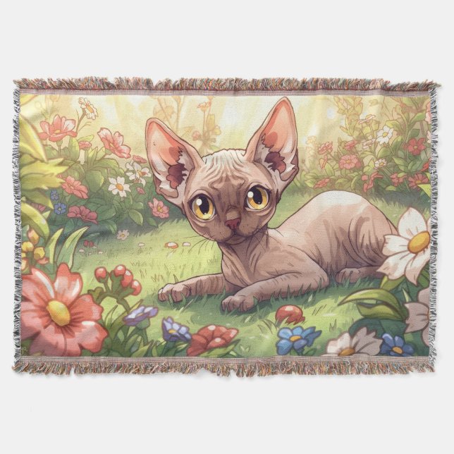 “Cozy Garden Sphynx Throw Blanket" (Front)
