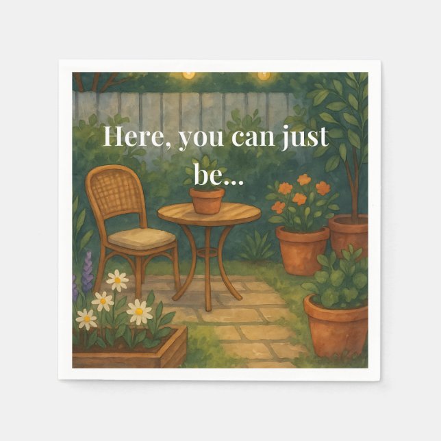 Cozy Garden Throw Pillow – 'Here, You Can Just Be' Napkin (Front)