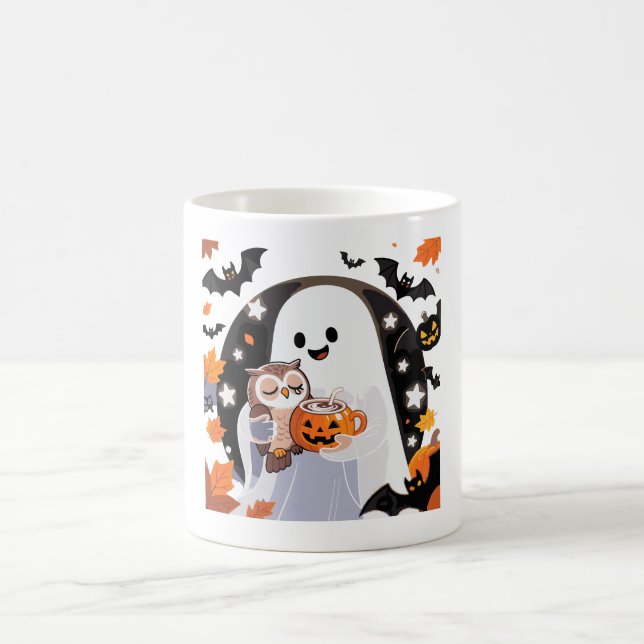 Cozy Ghost and Owl Halloween Art Coffee Mug (Center)