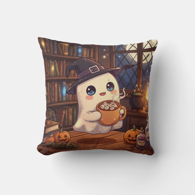 Cozy Ghost Cocoa Library Pillow (Front)