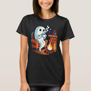 Cozy Ghost Drinking Coffee by Fireplace Halloween T-Shirt