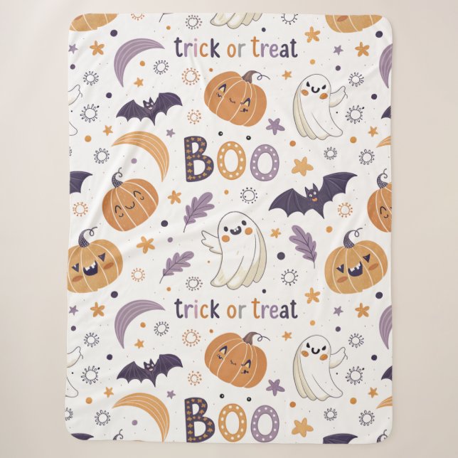 Cozy Ghost & Pumpkin Sherpa Blanket – Large Size (Front)