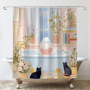Cozy Ghost Reading in Bubble Bath with Black Cats
