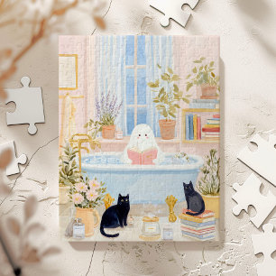 Cozy Ghost Reading in Bubble Bath with Black Cats Jigsaw Puzzle