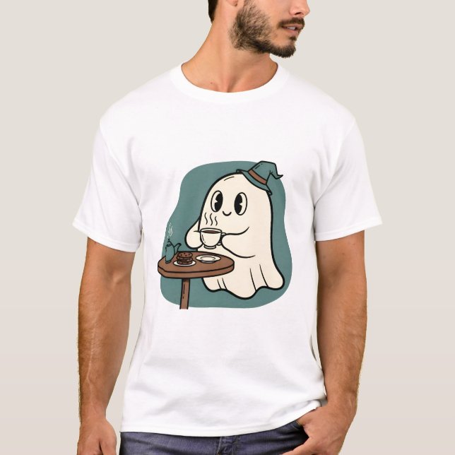 Cozy Ghost Tea Time – Cute Spooky Halloween  T-Shirt (Front)