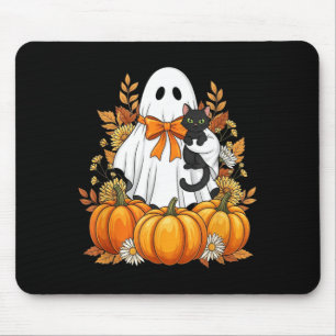Cozy Ghost With Black Cat Pumpkins Autumn Scene Mouse Pad