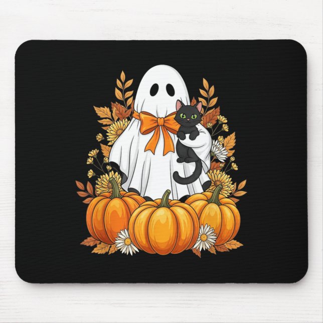 Cozy Ghost With Black Cat Pumpkins Autumn Scene Mouse Pad (Front)