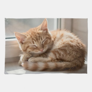 Cozy Ginger Cat Sunbathing Nap Kitchen Towel