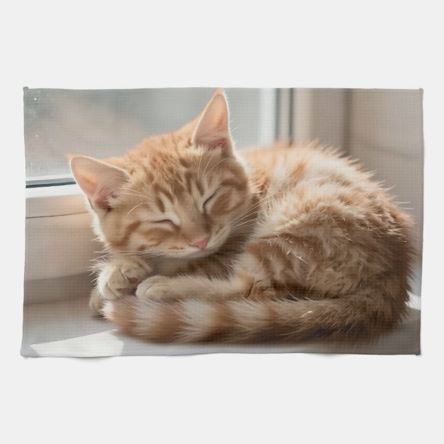 Cozy Ginger Cat Sunbathing Nap Kitchen Towel (Horizontal)
