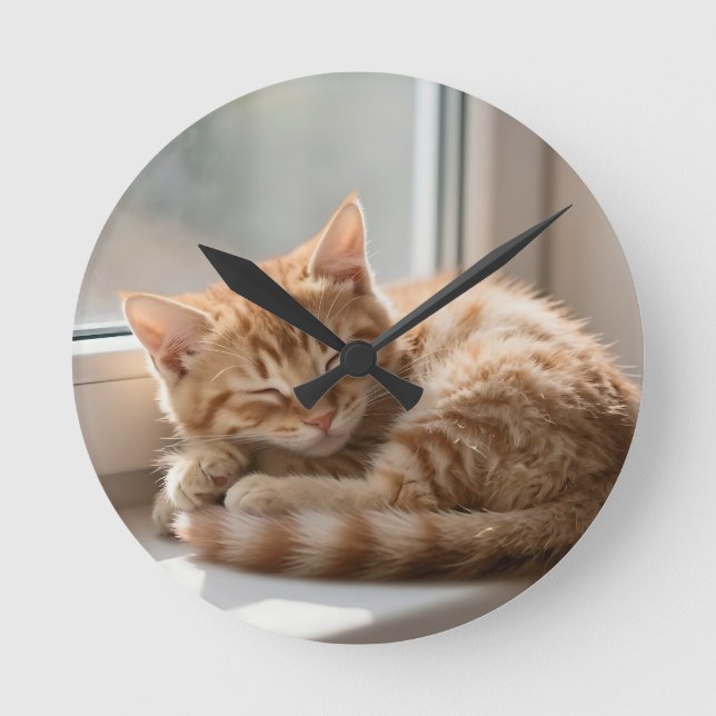 Cozy Ginger Cat Sunbathing Nap Round Clock (Front)