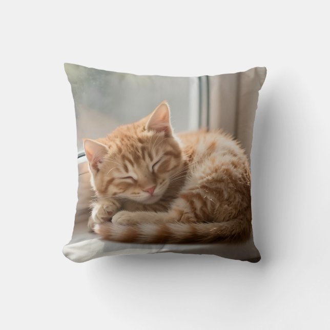 Cozy Ginger Cat Sunbathing Nap Throw Pillow (Front)