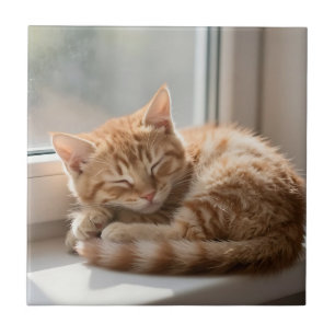 Cozy Ginger Cat Sunbathing Nap Tile