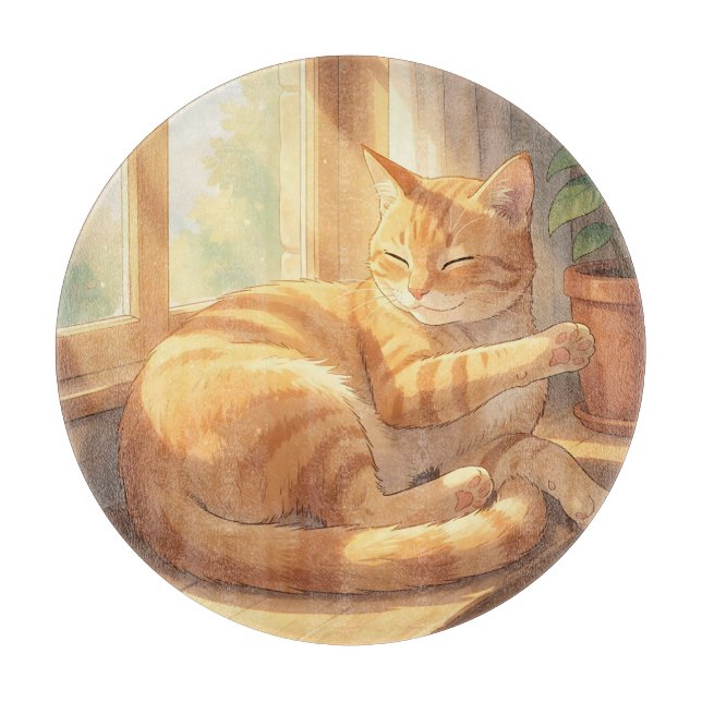 Cozy Ginger Tabby Cat Sunbathing  Cutting Board (Front)