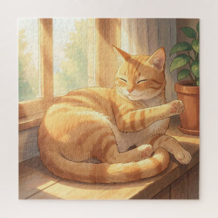Cozy Ginger Tabby Cat Sunbathing Jigsaw Puzzle