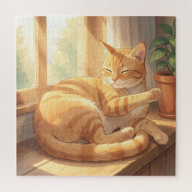 Cozy Ginger Tabby Cat Sunbathing  Jigsaw Puzzle (Vertical)