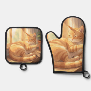 Cozy Ginger Tabby Cat Sunbathing Oven Mitt & Pot Holder Set