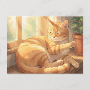 Cozy Ginger Tabby Cat Sunbathing Postcard
