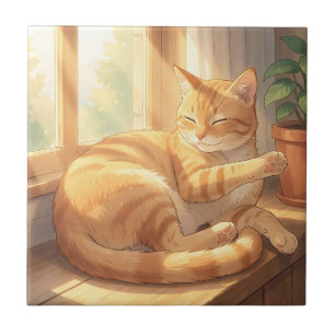Cozy Ginger Tabby Cat Sunbathing Tile