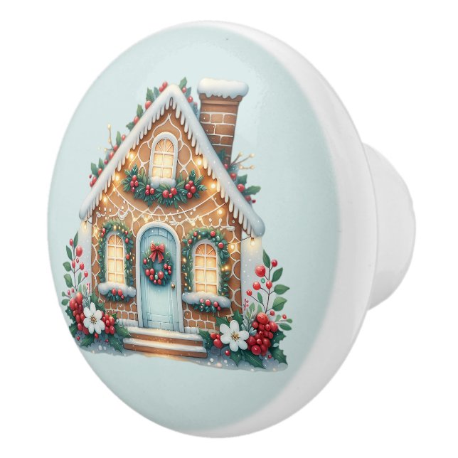 Cozy Gingerbread House Holiday Illustration Ceramic Knob (Right)