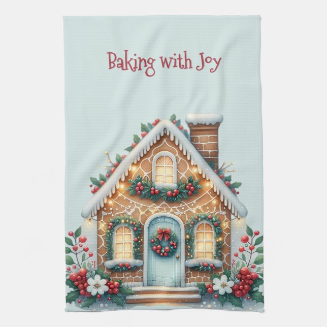 Cozy Gingerbread House Holiday Illustration Kitchen Towel (Vertical)