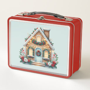 Cozy Gingerbread House Holiday Illustration Metal Lunch Box
