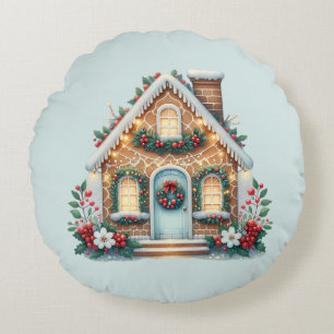 Cozy Gingerbread House Holiday Illustration Round Pillow