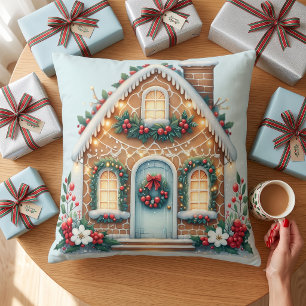 Cozy Gingerbread House Holiday Illustration Throw Pillow