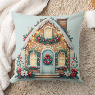 Cozy Gingerbread House Holiday Illustration Throw Pillow