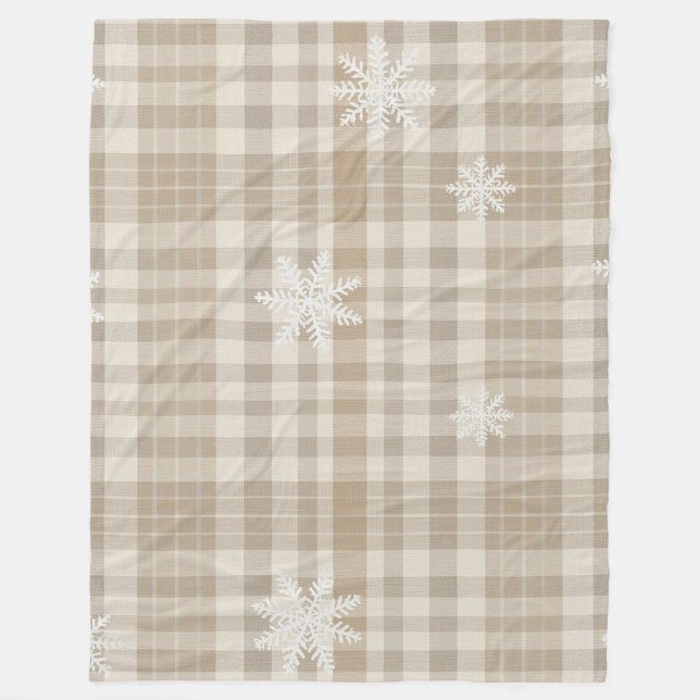 Cozy Gingham Snowflake Blanket – Beige & Taupe (Front)