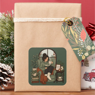 Cozy Girl Coffee Books Rainy Days Vintage Design Square Sticker