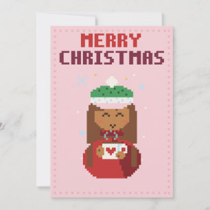 Cozy Girl Pink Pixel Art Christmas Card