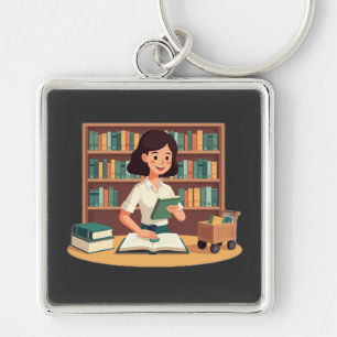 Cozy Girl Reading Bookshelf Keychain