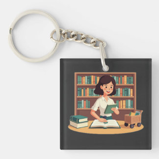 Cozy Girl Reading Bookshelf Keychain