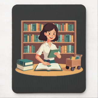 Cozy Girl Reading Bookshelf Mouse Pad