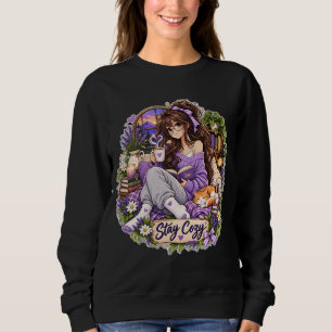 Cozy Girl Reading Cat Book Lover Sweatshirt