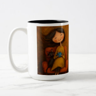Cozy Girl with Black Cat and Coffee- Whimsical tee Two-Tone Coffee Mug
