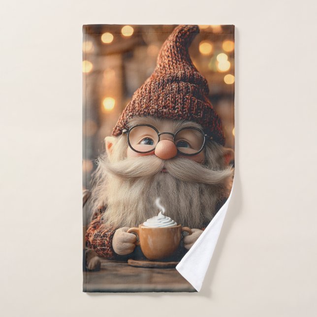 Cozy Gnome Enjoying a Cup of Hot Cocoa Hand Towel (Hand Towel)