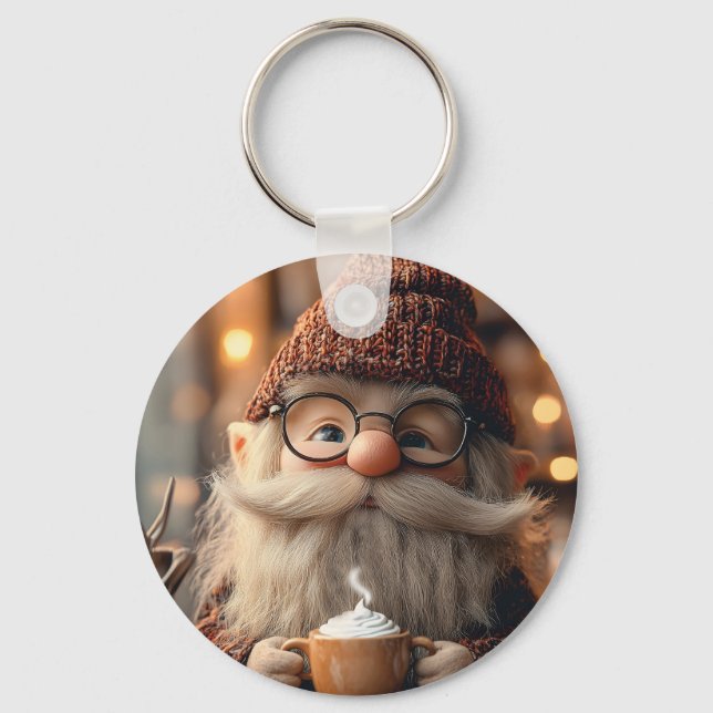 Cozy Gnome Enjoying a Cup of Hot Cocoa Keychain (Front)